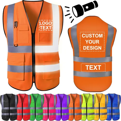 Miniatura 8 de Chaleco de seguridad personalizado para hombre, chaleco personalizado de alta visibilidad, ropa de trabajo con tira reflectante, 5 bolsillos Azul
