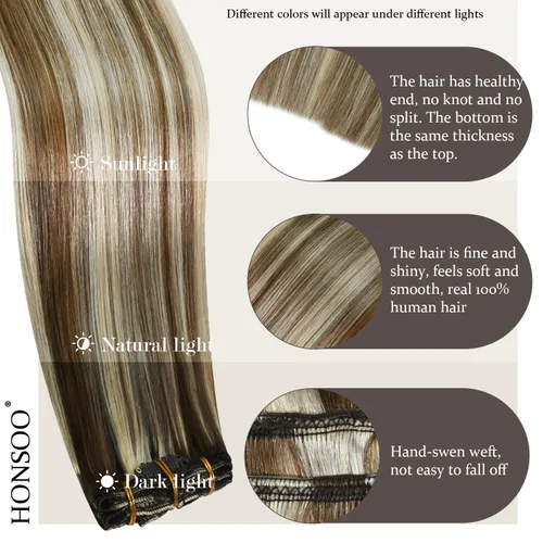 Miniatura 3 de Honsoo Extensiones de cabello Remy con pinzas, color marrón claro a rubio, balayage, 2.47 onzas, 12 pulgadas, 7 unidades, extensiones de cabello real