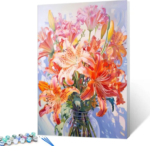 Miniatura 22 de Tucocoo Pintura por números con flores de lirio azul en una jarra de vidrio DIY en lienzo con pinceles, pinturas acrílicas, pintura de grafiti por