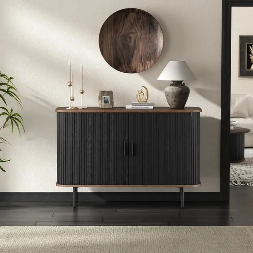 Miniatura 18 de FiveWillowise Gabinete de Bar de Café Negro con Almacenamiento, Gabinete de Licores y Vinos Acanalado con Puertas Corredizas, Portavasos