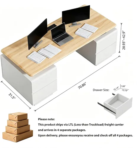 Miniatura 2 de SAINTCY Escritorio ejecutivo de 70.8 pulgadas con almacenamiento, moderno escritorio eléctrico de altura ajustable de color blanco, pedestales