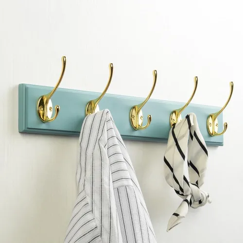 Miniatura 9 de Perchero de bambú para montaje en pared, 17 pulgadas, 5 ganchos dobles, azul y dorado Natural
