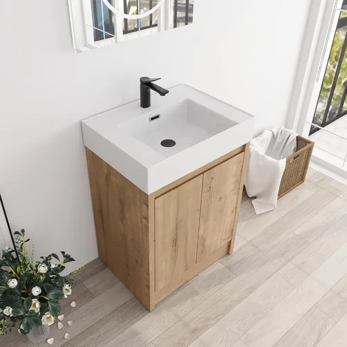 Miniatura 19 de Tocador de baño pequeño de 16 pulgadas con lavabo, tocador de baño independiente de 16" para espacios pequeños, gabinete de madera contrachapada