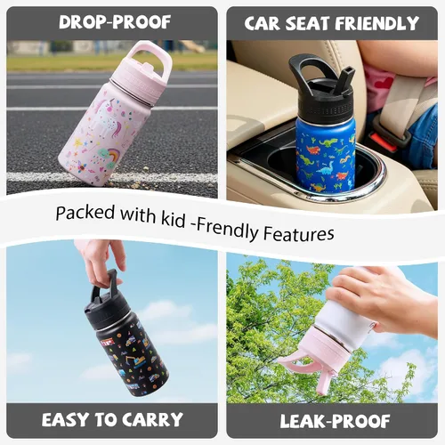 Miniatura 7 de 14 Oz Kids Water Bottle, Stainless Steel Water Bottle with Straws, Leak-Proof, BPA-Free, Insulated Water Bottles for School Boys & Girls Black