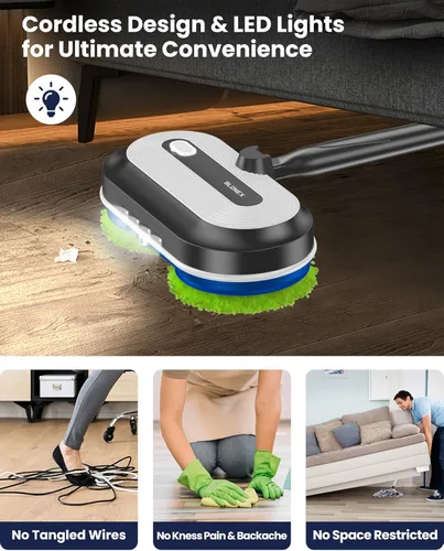 Miniatura 10 de Blonex Limpiador de piso inalámbrico eléctrico, trapeador eléctrico giratorio con faros LED y rociador de agua, batería de larga duración, tanque