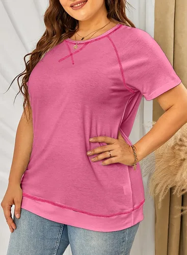 Miniatura 37 de Eytino Blusas de talla grande para mujer, cuello en V, manga corta, a rayas, casual, holgada, con bolsillo (1X-5X)