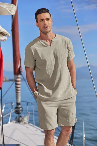 Miniatura 2 de COOFANDY Conjunto de 2 piezas de algodón y lino para hombre, camisa Henley de manga corta y pantalones cortos casuales de playa, trajes de yoga