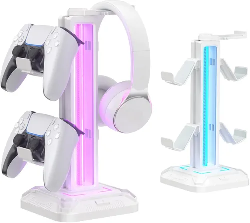 KDD RGB Headset Stand with 9 Light Modes - Controller Holder for Desk - Rotatable Headphone Stand & Detachable Controller Hook for PC Earphone Blanco