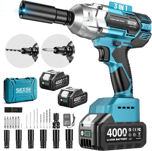 Seesii - Llave de impacto inalámbrica de 1/2 pulgada, alta torsión de 479 pies-libra (650Nm), pistola de impacto sin escobillas, 2500RPM con batería