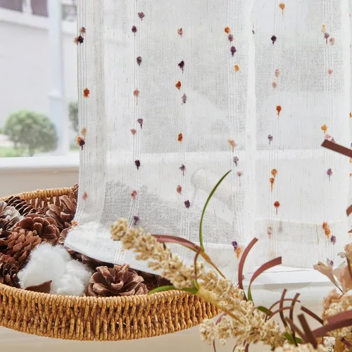 Miniatura 9 de jinchan Cortinas de cenefa para ventanas de 16 pulgadas, coloridos mini pompones, cenefa de cocina de granja, cenefa de gasa semitransparente