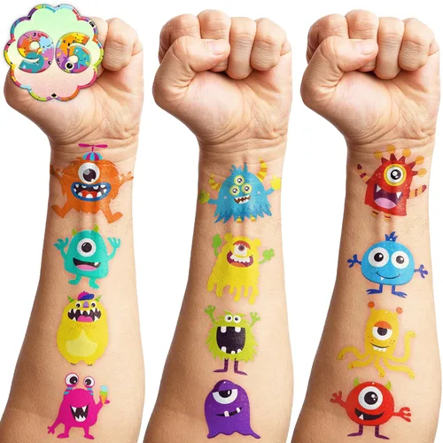 Miniatura 9 de 96 tatuajes temporales precortados de monstruo para niños, suministros para fiestas de cumpleaños de pequeños monstruos, calcomanías divertidas