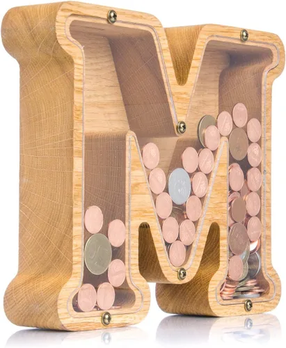 Miniatura 25 de Alcancía de madera personalizada con letra para niños, niñas y adultos, bancos de monedas de madera de roble duradero, 3 tamaños para elegir