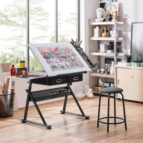 Miniatura 2 de Yaheetech Mesa de dibujo para artistas, escritorio de dibujo de altura ajustable, escritorio de arte/manualidades, estación de trabajo de pinturas