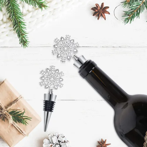 Miniatura 4 de Whaline Tapón de vino de copo de nieve de 4 piezas, tapón decorativo de Navidad, tapón de botella de metal para bebidas y cerveza para mantener
