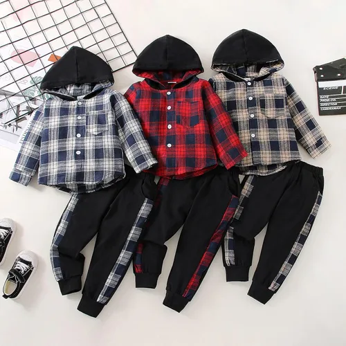 Miniatura 7 de Ropa para bebés y niños pequeños, conjuntos de otoño e invierno, con botones, camisa a cuadros con capucha y pantalones