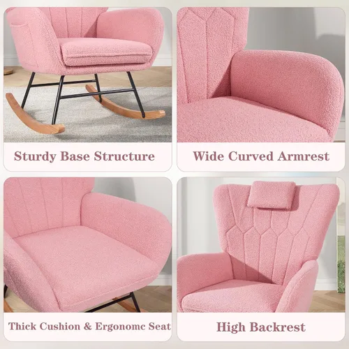 Miniatura 7 de VECELO Mecedora para guardería con reposacabezas grueso, moderno sillón tapizado de lectura con respaldo alto, asiento acolchado, bolsillo lateral