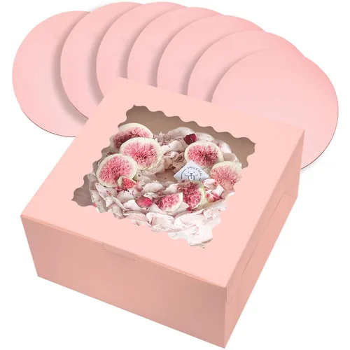 Miniatura 11 de qiqee 10x10x5 Caja para pasteles, 18 juegos de cajas para pasteles negras con ventana y 18 juegos de bases redondas negras de 10 pulgadas