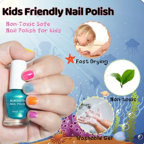 Miniatura 4 de Juego de esmaltes de uñas con purpurina para niños, 10 colores brillantes, no tóxicos, a base de agua, de secado rápido, para fiestas de niños