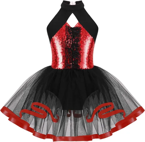 Miniatura 32 de CHICTRY Vestido tutú de ballet con lentejuelas brillantes para niñas y niñas, moderno disfraz de baile latino de jazz