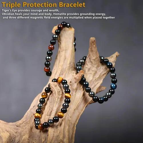 Miniatura 12 de SAMXY Triple Protection Bracelet, 8mm Healing Crystal Bead Bracelet, 3pcs Blue Red Tiger's Eye Obsidian Hematite Bracelet Women Men