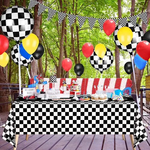 Miniatura 3 de QISOLIY 2 manteles rectangulares desechables con temática de auto de carreras, con bandera a cuadros negros, para decoración de fiestas