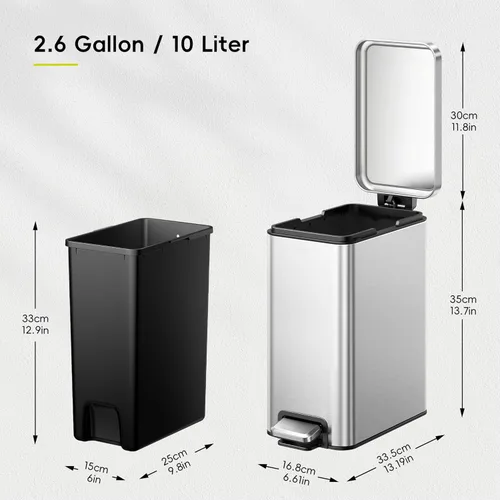 Miniatura 2 de EKO Cubo de basura pequeño para baño con tapa, cierre suave, pedal escalonado, cubo de basura de acero inoxidable de 10 litros/2.6 galones con cubo
