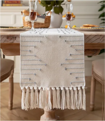 Miniatura 10 de Camino de Mesa Navideño de 13 x 108 Pulgadas de Largo, Algodón Natural Tejido con Borlas para Decoraciones Navideñas del Hogar y Comedor, para Rojo