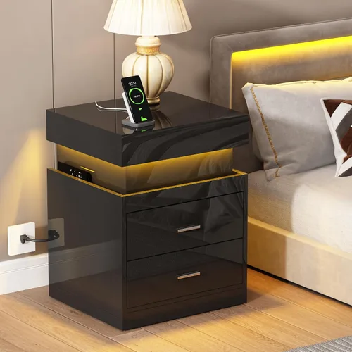 Miniatura 7 de ChooChoo Mesita de noche LED con estación de carga, mesita de noche inteligente con almacenamiento superior deslizante, mesa de noche de alto brillo
