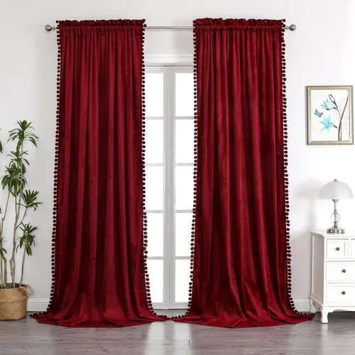 Miniatura 5 de Benedeco - Cortinas de terciopelo burdeos para ventana de dormitorio con pompón, cortinas de lujo súper suaves, oscurecimiento y aislamiento térmico