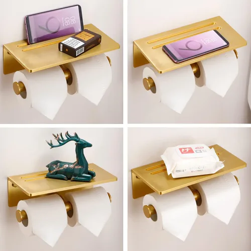 Miniatura 2 de Soporte Doble para Papel Higiénico con Estante, Dispensador de Rollo de Papel Higiénico Comercial de Montaje en Pared con Estante para Celular