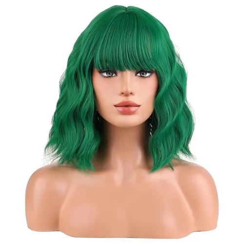 Miniatura 21 de BERON Pelucas cortas verdes para mujer, peluca rizada ondulada con flequillo para niñas, pelucas de cabello de color verde aguacate, peluca