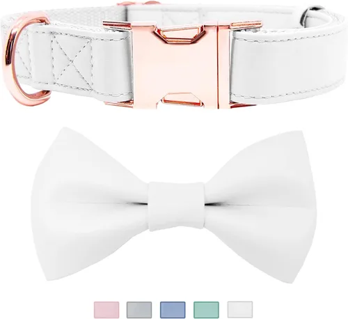 Miniatura 12 de Collar de cuero suave para perro, ajustable, lindo collar de pajarita [fácil de limpiar] con elegante hebilla de metal resistente de oro rosa