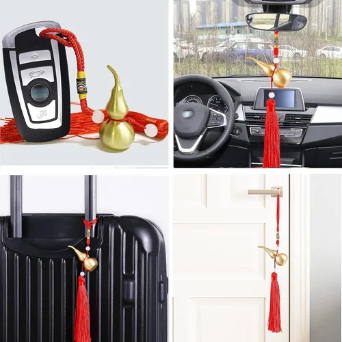Miniatura 7 de Adornos colgantes de Feng Shui, calabaza dorada de Wu Lou, con tira de la suerte roja, tesoro ideal para colgante de automóvil, dormitorio, puerta