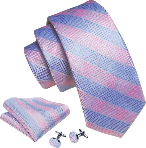 Miniatura 126 de Barry.Wang Juego de corbatas a cuadros para hombre con pañuelo gemelos de rayas clásicas