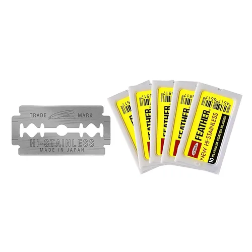 Feather Cuchillas de afeitar de seguridad de doble filo, (50 unidades) - Cuchillas de afeitar de acero inoxidable Hi-Stainless con revestimiento de