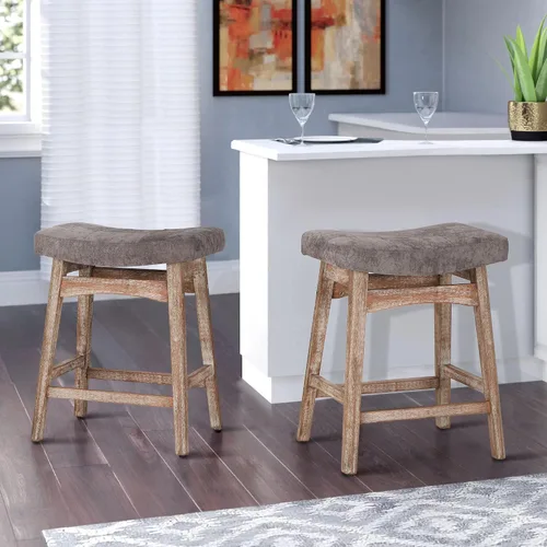 Miniatura 21 de Taburete de bar gris de madera maciza para encimera de cocina, taburete de bar con asiento de cuero sintético, taburete tapizado para isla de 34 a