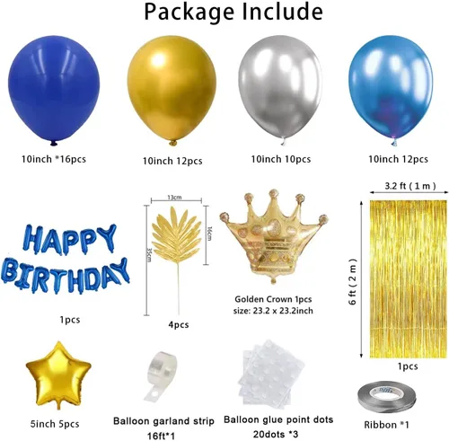 Miniatura 5 de Juego de decoración de fiesta de cumpleaños azul dorado y plateado, pancarta de feliz cumpleaños, globos, cortina de flecos metálicos, corona