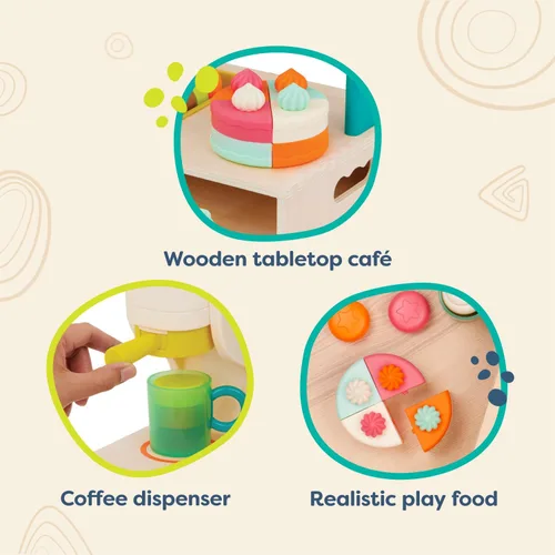 Miniatura 4 de B. toys Mini Chef Coffee Shop Playset, simulación de barista y juego de hornear con máquina, tazas, panadería y deliciosos postres para el papel