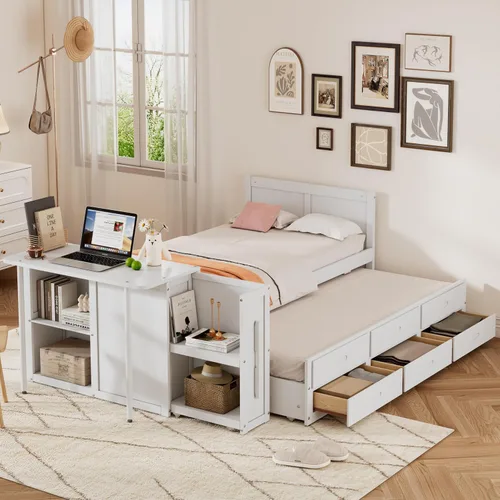 Miniatura 9 de Cama de plataforma de tamaño individual con nido y 3 cajones, escritorio pequeño, cama individual con gabinete extraíble y estantes