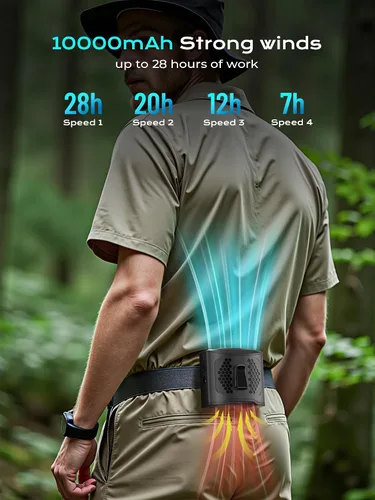 Miniatura 2 de Ventilador de cintura portátil con clip, 4 velocidades, 13000 rpm, fuerte flujo de aire con batería de 10000 mAh y carga móvil, ventilador de camisa