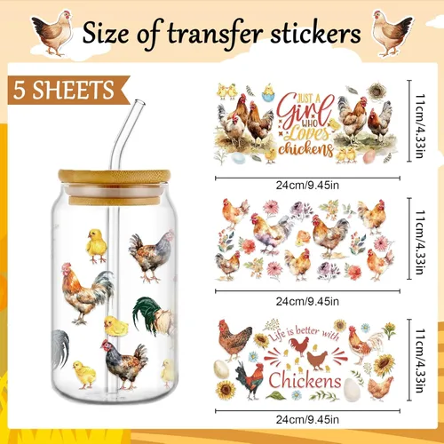 Miniatura 2 de Rngmsi Envoltura de taza UV DTF – 5 hojas de pollo UV DTF envolturas de tazas para 16 oz de animales de granja Uvdtf calcomanías personalizadas