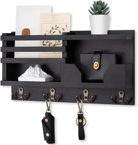 Lwenki Organizador de Correo y Llavero para Pared - Organizador Decorativo de Entrada de 15.9" x 8.7" x 3.2" con Estante - Madera de Paulownia con 4