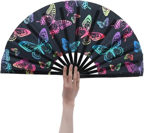 Miniatura 11 de HeyToo Ventilador de mano grande para mujeres/hombres, con brillo UV, para Drag Queen, cosplay, EDM, club, fiesta, música, festival, baile, Cuadrado