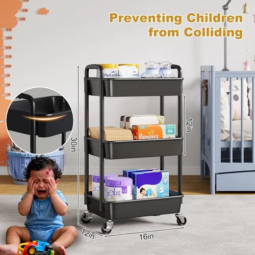 Miniatura 2 de Carrito rodante de 3 niveles con ruedas, carrito organizador de estantes de plástico negro de tres niveles con ruedas con cerradura, pequeño carrito