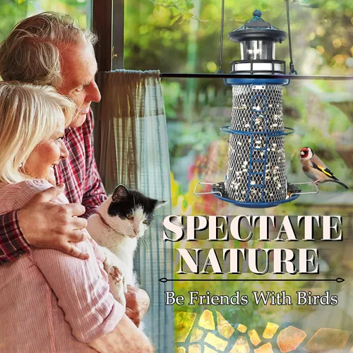 Miniatura 4 de Comedero Solar para Pájaros Faro con Faro Giratorio - 14" Comedero Colgante Mejores Regalos de Comedero para Amantes de las Aves (Azul Espacial)