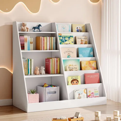 Miniatura 16 de Tatub Estantería de madera para niños de 6 niveles y almacenamiento de juguetes, organizador de juguetes para niños con estantes para libros, Blanco