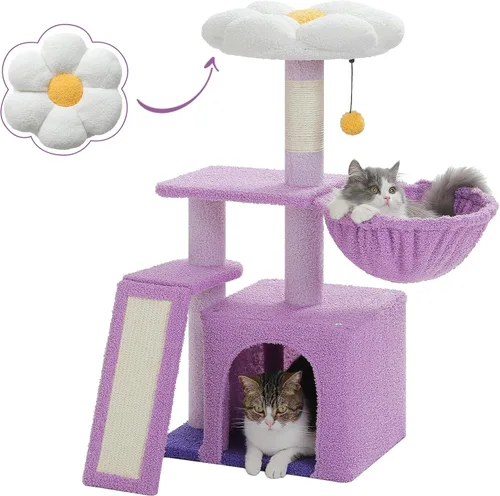 Miniatura 12 de PETEPELA - Árbol para gatos con flores, torre de 32 pulgadas para interiores, condominio para gatos pequeños con rampa de sisal para rascar, hamaca