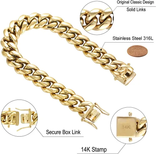 Miniatura 2 de Gargantillabrazalete con cadena de eslabones cubanos pesados para hombre, de acero inoxidable grueso chapado en oro de 14 quilates, disponible