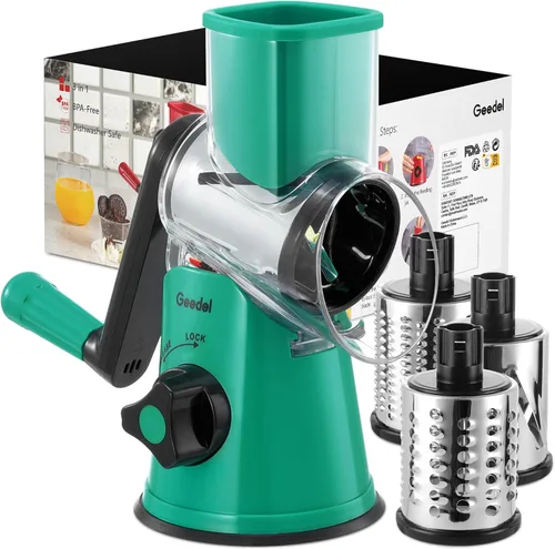 Rallador de queso giratorio Geedel con 3 cuchillas intercambiables, rallador de mandolina de cocina para verduras, frutas, nueces, fácil de limpiar