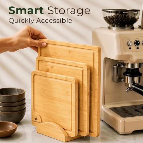 Miniatura 5 de Juego de 3 tablas de cortar de bambú con soporte, tablas de madera duraderas para cocina, cortar y servir, ecológicas por Woodenhouse